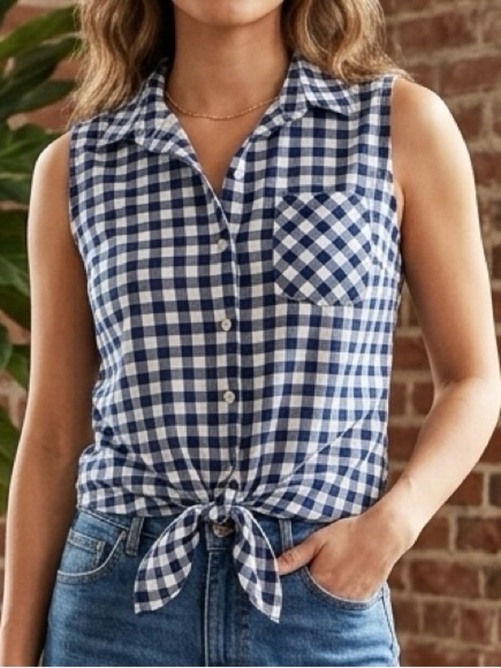 Love Potion Blue & White Gingham Sleeveless Tie-Front Button Down Top S